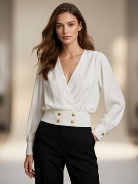 Vintage Frank Usher London Ivory Blouse with Gold Button Waist 8-10 (14 tag)